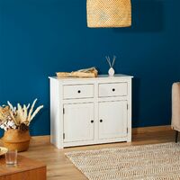 Buffet Campo Avec 2 Tiroirs Et 2 Portes, Style Mexicain En Pin Massif Blanc Et Brun
