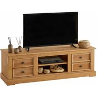 Idimex – Meuble TV en pin massif finition cirée – 4 tiroirs et 2 niches avec passe câble – Dimensions 46 x 144 x 45 cm – Couleur antique