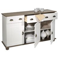 Buffet COLMAR commode bahut vaisselier meuble bas rangement avec 3 tiroirs et 3 portes, en pin massif lasuré blanc et taupe