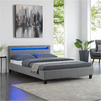 Lit double pour adulte RIOJA avec sommier 140x190 cm 2 places 2 personnes, tête de lit avec LED intégrées, en tissu gris - Gris