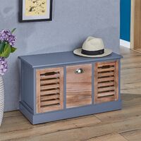 Banc de rangement TRIENT meuble bas coffre avec assise coussin rembourré et 3 caisses, en MDF et bois de paulownia gris/naturel