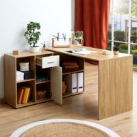 Bureau d'angle CARMEN table avec meuble de rangement intégré et modulable 4 étagères 1 porte et 1 tiroir, décor chêne sauvage/blanc - Chêne sauvage/Blanc
