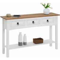Table console CAMPO table d'appoint en pin massif blanc et brun avec 3 tiroirs et 1 étagère, meuble d'entrée en bois