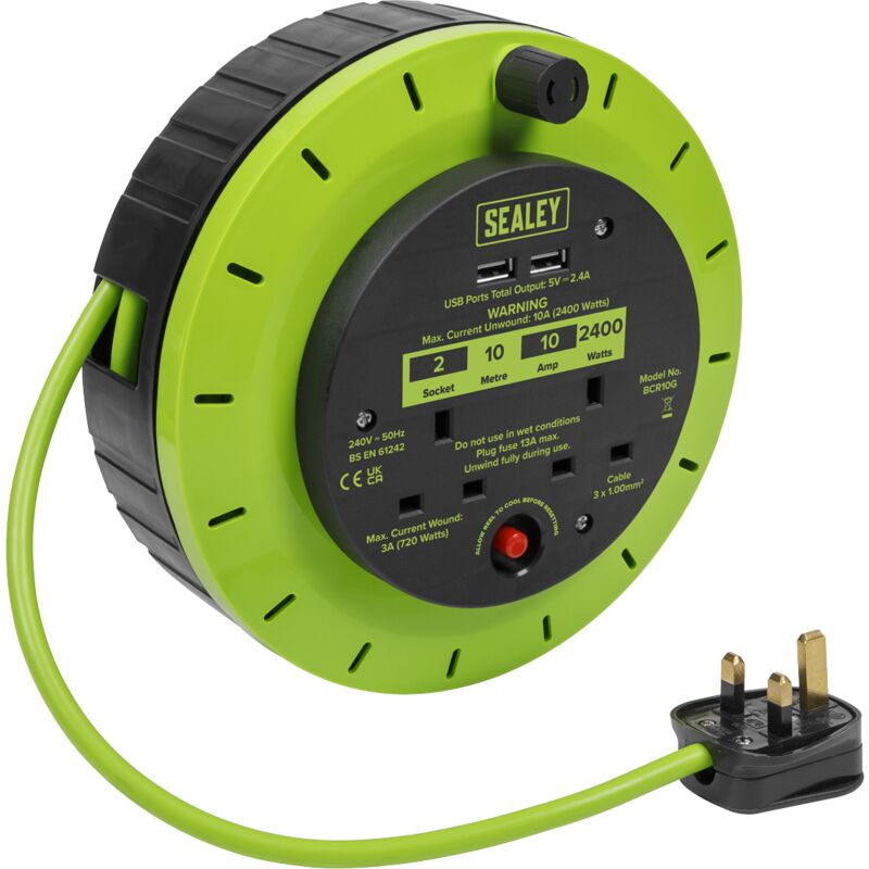Sealey BCR10G 10m Cassette Type Cable Reel with Thermal Trip 2 x 230V & 2 x USB - Hi-Vis Green