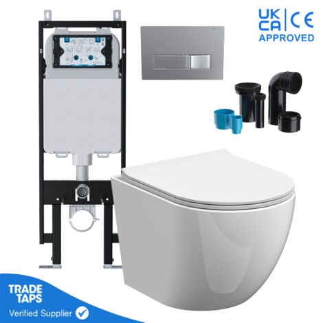 Rimless Wall Hung Toilet Pan with VIVA Slim Concealed Cistern Frame 1.14-1.35m & Square Chrome Flush Plate (1/5)