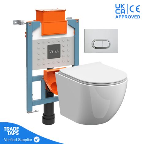 Rimless Wall Hung Toilet Pan with VITRA 0.82m Low Height Concealed Cistern Frame WC - Loop O - Chrome Dual Flush Plate (1/5)