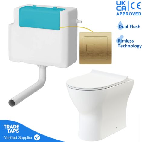 Rimless Back to Wall Toilet BTW Pan Soft Close WC Concealed Cistern Flush - Brushed Brass