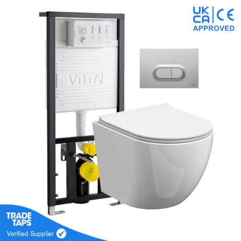 Rimless Wall Hung Toilet Pan with VITRA 1.12m Concealed Cistern Frame - Loop O - Steel - Anti Fingerprint Dual Flush Plate (1/5)