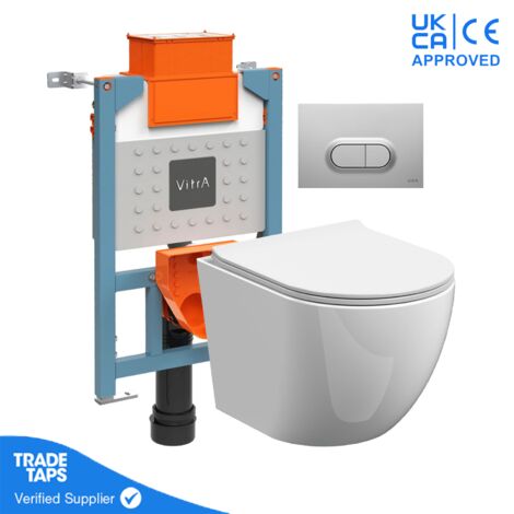 Rimless Wall Hung Toilet Pan with VITRA 0.82m Low Height Concealed Cistern Frame WC - Steel Anti Fingerprint Dual Flush Plate (1/5)