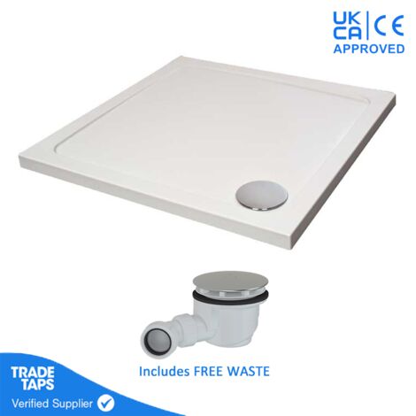 700 x 700mm White Square 45mm Low Profile Shower Tray with Chrome Waste