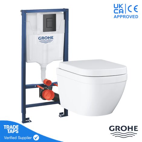 GROHE EURO Rimless Wall Hung Toilet WC Pan with GROHE 1.13m Concealed Cistern Dual Flush Frame - Phantom Black