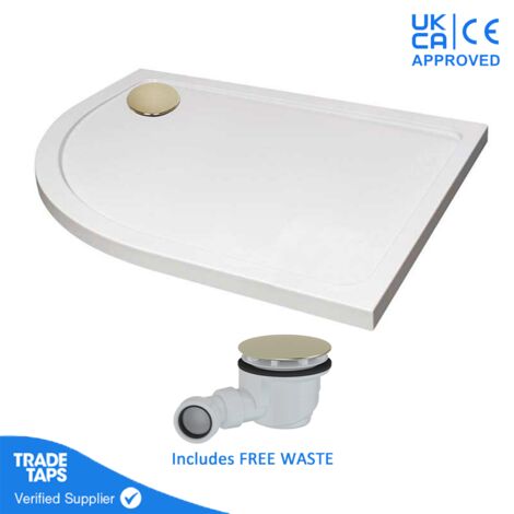1000 x 800mm White Offset Quadrant Left Hand 45mm Low Profile Shower Tray with Brushed Brass Waste