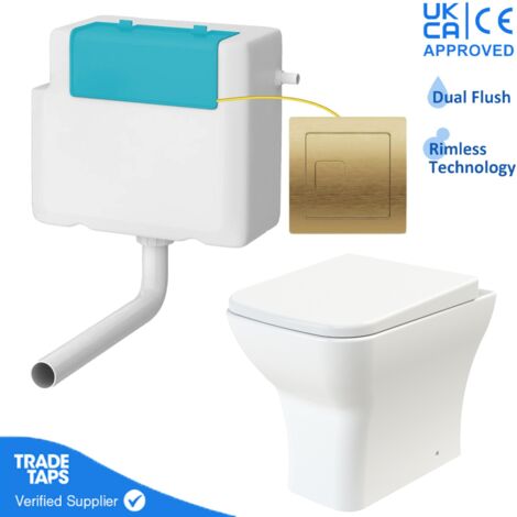 Rimless Back to Wall Toilet BTW Pan Square Soft Close WC Concealed Cistern Flush - Brushed Brass
