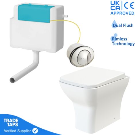 Rimless Back to Wall Toilet BTW Pan Square Soft Close WC Concealed Cistern Flush - Chrome Round