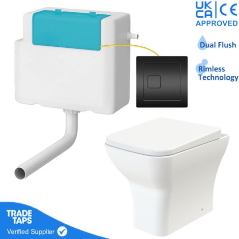 Rimless Back to Wall Toilet BTW Pan Square Soft Close WC Concealed Cistern Flush - Black Square