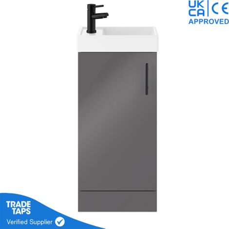 Grey Gloss Floor Standing Vanity Unit 400mm with Black Tap, Waste & Handle