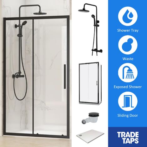 Synergy Designer Black Single Sliding Door 900 x 1100mm, Tray, Waste & Trisen Shower Full Set (1/5)