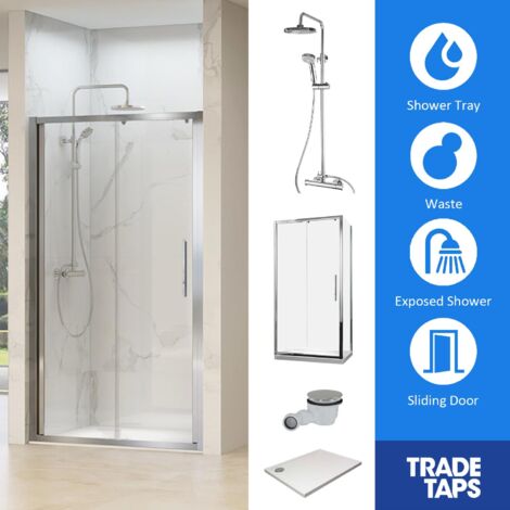 Synergy Chrome Single Sliding Door 900 x 1100mm, Tray, Waste & Trisen Round Shower Full Set (1/5)