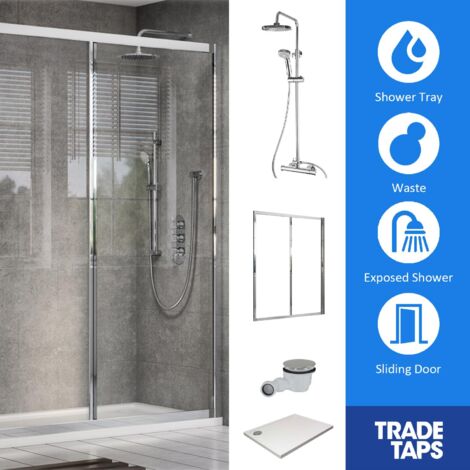 Bleu Sliding Chrome Door, Tray, Waste & Trisen Square Shower Set 1000 x 800mm (1/5)