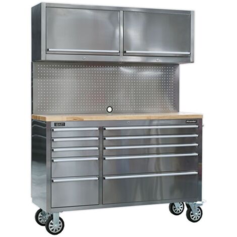 Sealey Mobile Stainless Steel Tool Cabinet 10 Drawer with Backboard & 2 Wall Cupboards AP5520SS