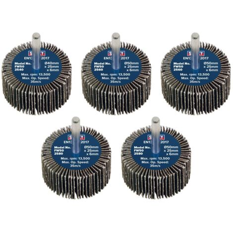 Sealey FW5025ASS 50 x 25mm Abrasive Flap Wheel with 6mm Shaft Assorted Grit - Pack of 5 (1/5)