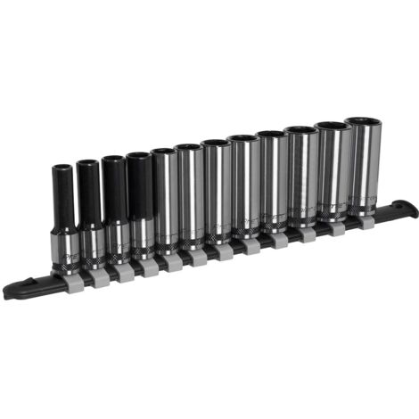 Metric Socket Set Deep 12pc 3/8""D Black Series Single Hex Railed Sealey AK7993