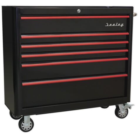 Sealey AP41206BR Premier Retro Style Wide Rollcab 6 Drawer - Black with Red Anodised Drawer Pulls