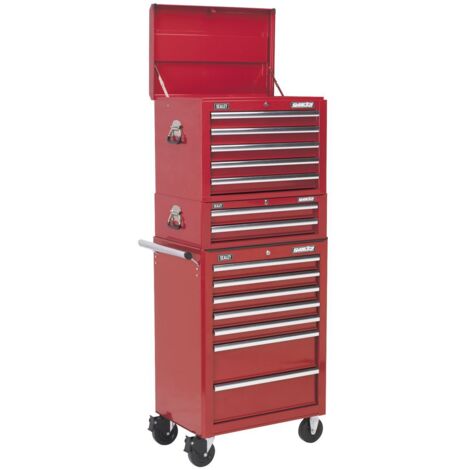 Sealey Topchest, Mid-Box & Rollcab Combination 14 Drawer with Ball-Bearing Slides - Red APSTACKTR