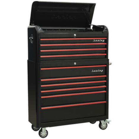 Sealey Premier&trade Retro Style Wide Topchest & Rollcab Combination 10 Drawer - Black with Red Anodised Drawer Pulls AP41COMBOBR