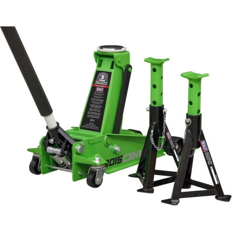 Sealey Trolley Jack with Super Rocket Lift 3 Tonne & Axle Stands (Pair) 3 Tonne Capacity per Stand - Green 3015CXHV
