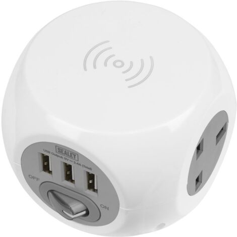 Sealey EL144WC 1.4m Extension Cable Cube & Wireless Charging Pad 3 x 230V & 3 x USB