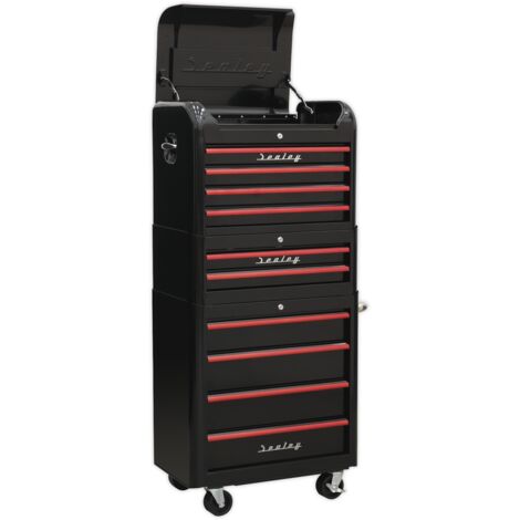 Sealey Premier&trade Retro Style Topchest, Mid-Box Tool Chest & Rollcab Combination 10 Drawer - Black with Red Anodised Drawer Pulls AP28COMBO2BR
