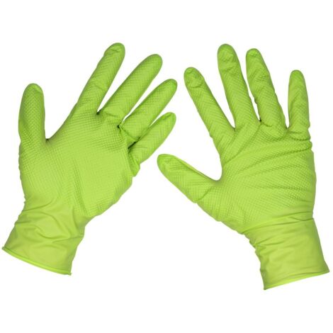 Sealey SSP54L Diamond Grip Extra-Thick Nitrile Powder-Free Gloves, Hi-Vis Green, Large - Pack of 50 (1/5)