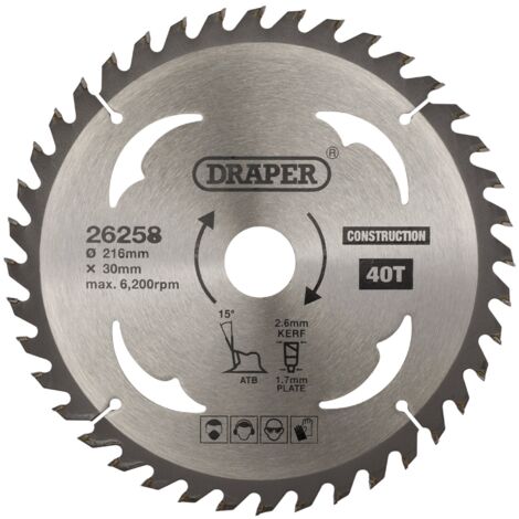 Draper TCT Construction Circular Saw Blade – 216mm Diameter, 30mm Arbor, 40 Teeth, Model 26258 (1/2)