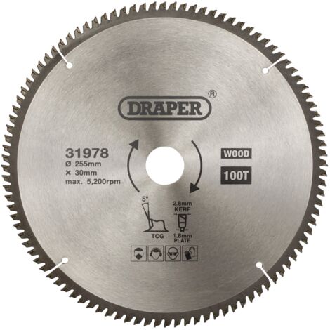 Draper TCT Triple Chip Grind Circular Saw Blade, 255mm Diameter, 30mm Arbor, 100 Teeth, Multi-Purpose for Wood and Metal Cutting (1/5)