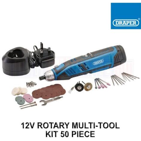 Draper 12V Rotary Multi-Tool Kit with Interchangeable Accessories, 50-Piece Set, Includes 1.5Ah Battery and Fast Charger (1/2)