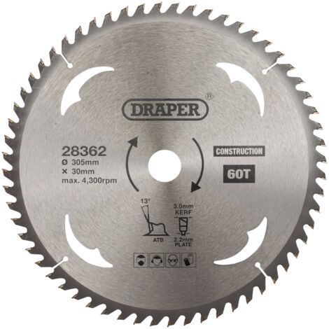 Draper 28362 TCT Construction Circular Saw Blade – 305mm Diameter, 30mm Arbor, 60 Teeth for Heavy-Duty Cutting (1/2)