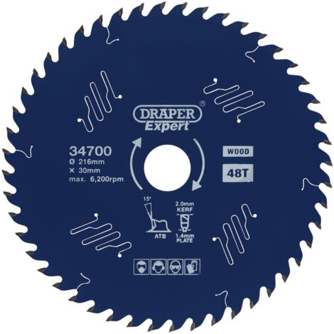 Draper Expert TCT Circular Saw Blade for Wood with PTFE Coating, 216 x 30mm, 48 Teeth (Model 34700) (1/5)