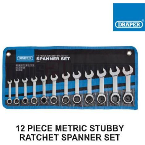 Draper HI-TORQ® 12-Piece Metric Stubby Ratchet Combination Spanner Set (8–19mm) (1/3)