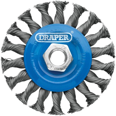 Draper TwistKnot Wire Wheel Brush – 100mm Diameter, M14 Thread, Steel Twist-Knot Flat Wire Brush for Heavy-Duty Surface Cleaning and Deburring (1/2)