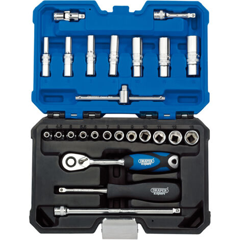 Draper Expert 1/4" Drive Metric Socket Set (25 Pieces, Deep & Standard, Blue Hex) - Model 16443 (1/5)