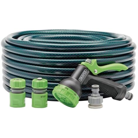 Draper 30m Green Garden Hose with Spray Gun and Starter Kit – 12mm Bore, Five Pattern Nozzle, Model 56447 (1/5)