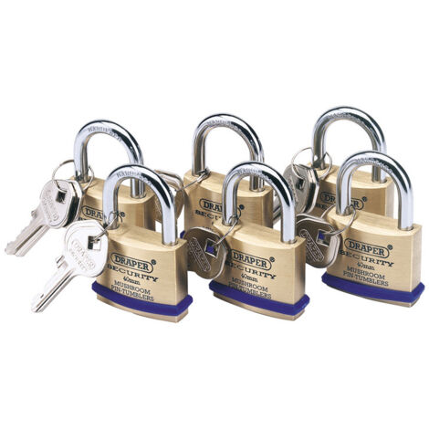 Draper Pack of 6 Solid Brass Padlocks with Hardened Steel Shackles, 40mm Size (Model 67659)