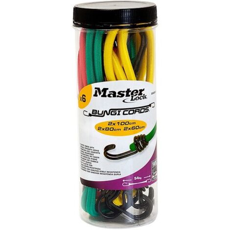 Master Lock 6 Piece Bungee Cords Jar Double Strength Reverse Hook MLK3040E