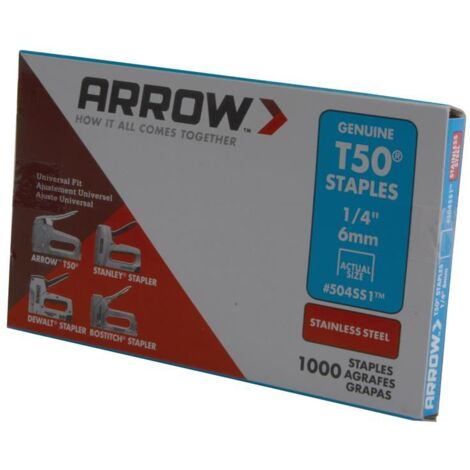 Arrow T50 Staples Stainless Steel 6mm (1/4 inch) Model 504SS, Box of 1000 (1/2)