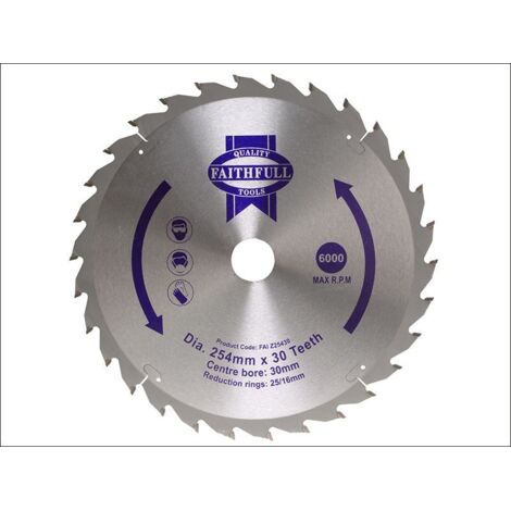 High-Quality Faithfull 254mm Circular Saw Blade with 30 Teeth, Suitable for General-Purpose Cutting, Compatible with 16mm, 25mm, and 30mm Arbor Sizes (1/2)