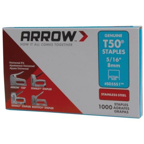 Premium Arrow T50 Staples in Stainless Steel, 8mm (5/16 inch), Pack of 1000 (1/2)