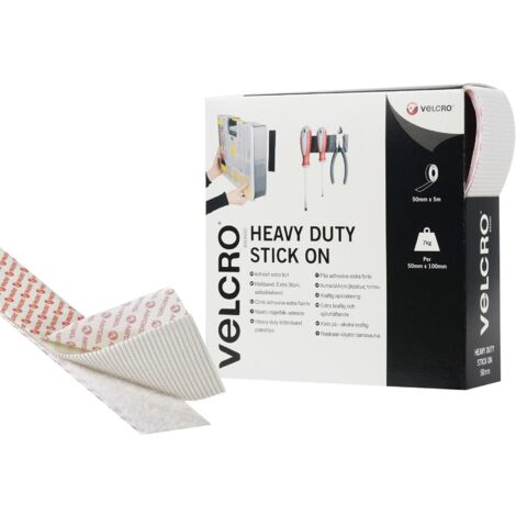 Heavy-Duty Double-Sided Hook and Loop (Velcro® VEL-EC60244) Adhesive Tape with Soft and Rigid Sides, 5000mm x 50mm, White