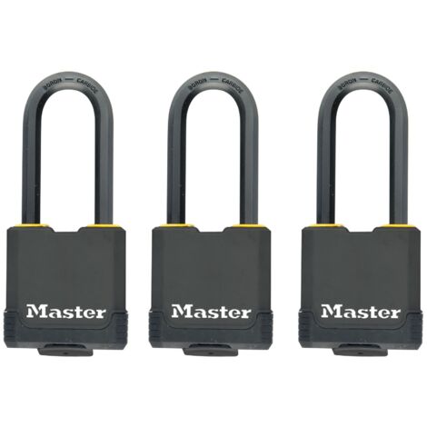 High-Security Master Lock Padlock Set (3-Pack) with Key, Laminated Rust-Resistant Steel, Exterior Use, M-Shaped Shackle, Ideal for Gates, Garages, Basements