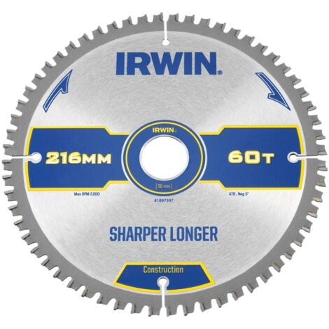 Irwin Construction Mitre Circular Saw Blade 216 x 30mm x 60T ATB/Neg IRW1897397 (1/2)